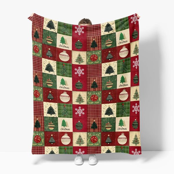 Christmas Flannel Blanket Throw, Red Green Checkered Tree Snow Ornaments Soft Fuzzy Plush Cozy Fleece Blankets