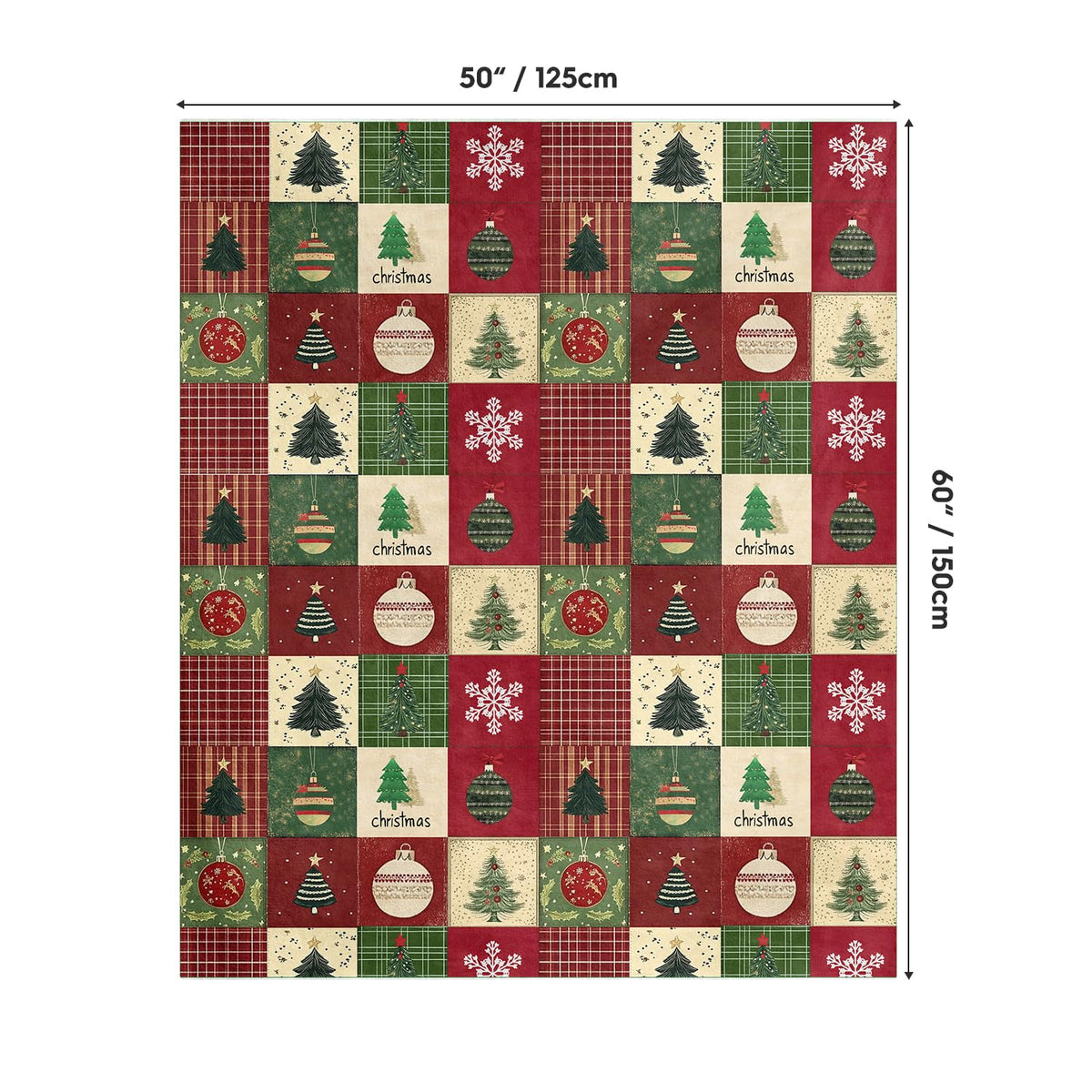 Christmas Flannel Blanket Throw, Red Green Checkered Tree Snow Ornaments Soft Fuzzy Plush Cozy Fleece Blankets