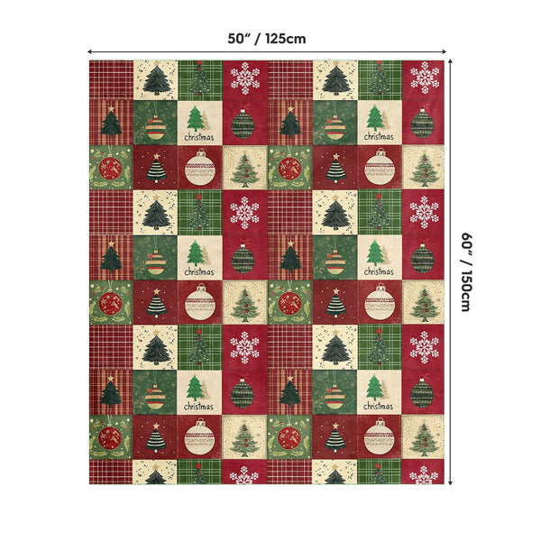 Christmas Flannel Blanket Throw, Red Green Checkered Tree Snow Ornaments Soft Fuzzy Plush Cozy Fleece Blankets