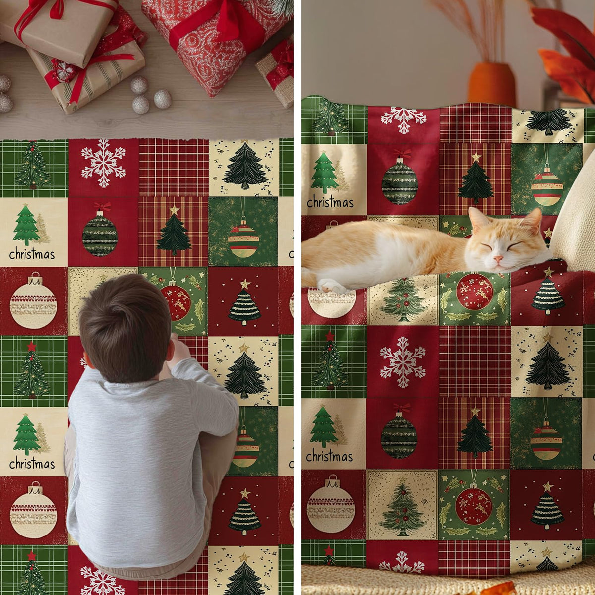 Christmas Flannel Blanket Throw, Red Green Checkered Tree Snow Ornaments Soft Fuzzy Plush Cozy Fleece Blankets