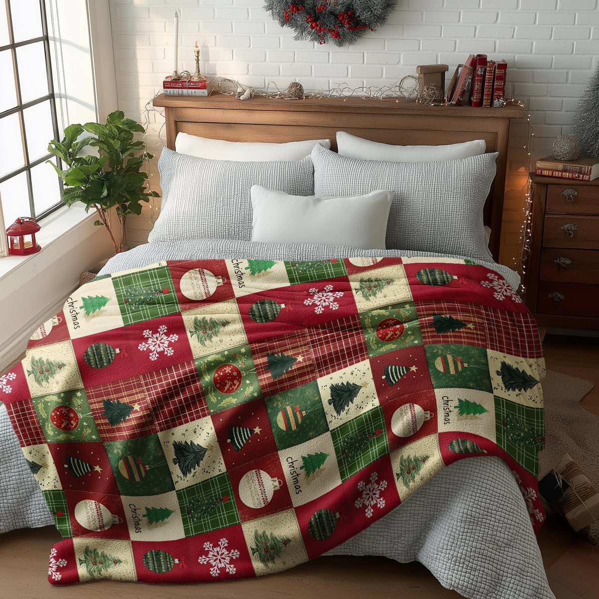 Christmas Flannel Blanket Throw, Red Green Checkered Tree Snow Ornaments Soft Fuzzy Plush Cozy Fleece Blankets