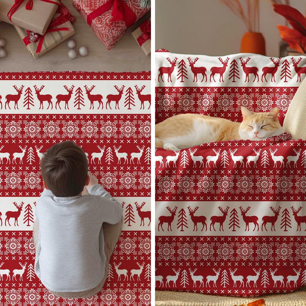 Christmas Flannel Blanket Throw, Red Reindeer Soft Fuzzy Plush Cozy Fleece Blankets