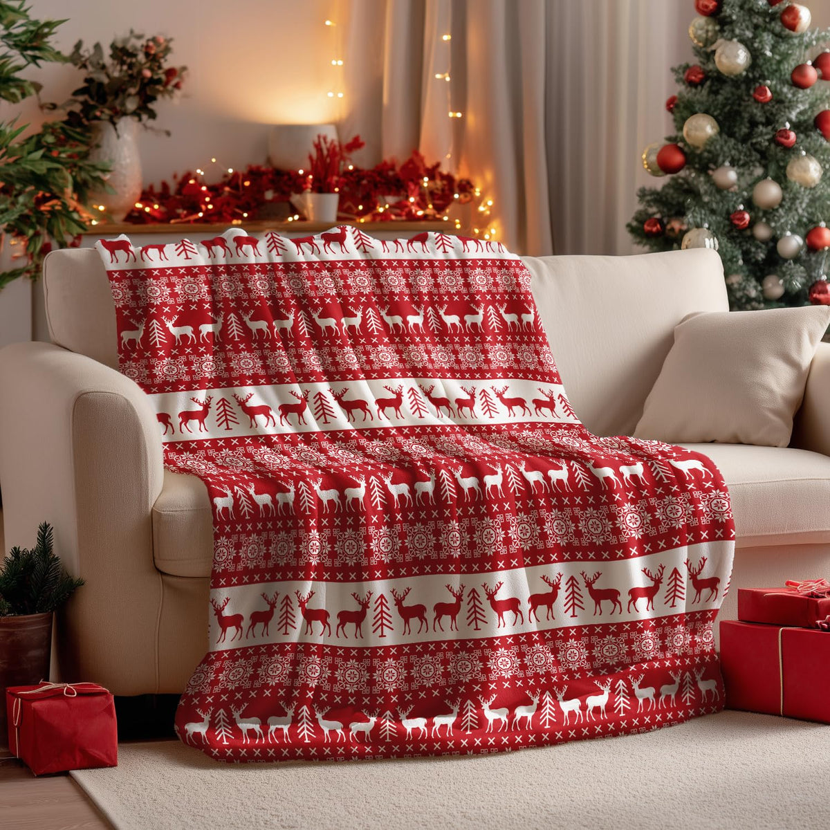 Christmas Flannel Blanket Throw, Red Reindeer Soft Fuzzy Plush Cozy Fleece Blankets