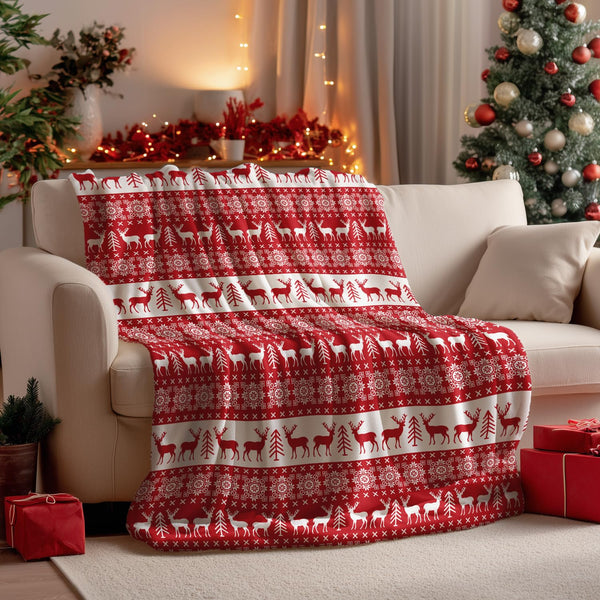 Christmas Flannel Blanket Throw, Red Reindeer Soft Fuzzy Plush Cozy Fleece Blankets