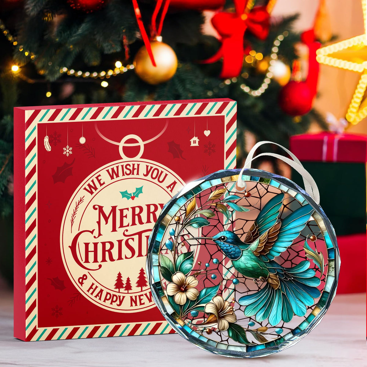 Hummingbird Ornaments for Christmas Tree - Stained Glass Hummingbird Gifts for Women, Unique Crystal Glass Ornaments