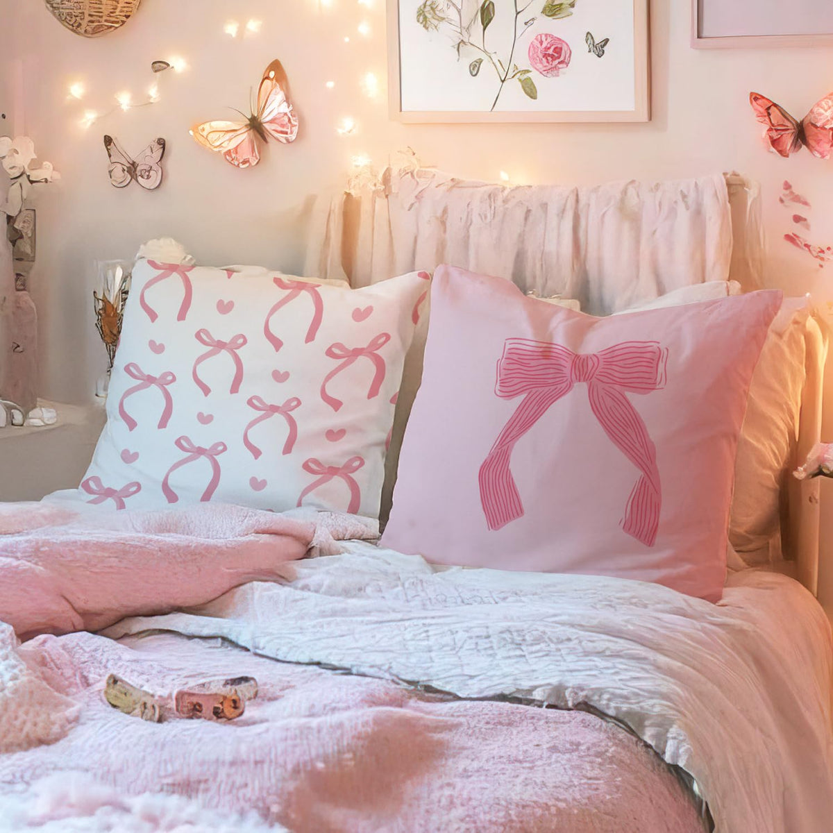 Coquette Room Decor,Pink Cute Bow Throw Pillow Covers 18x18 Set of 4,Gifts for Teen Girls Women,Pink