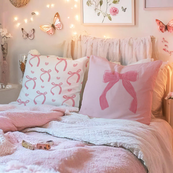 Coquette Room Decor,Pink Cute Bow Throw Pillow Covers 18x18 Set of 4,Gifts for Teen Girls Women,Pink