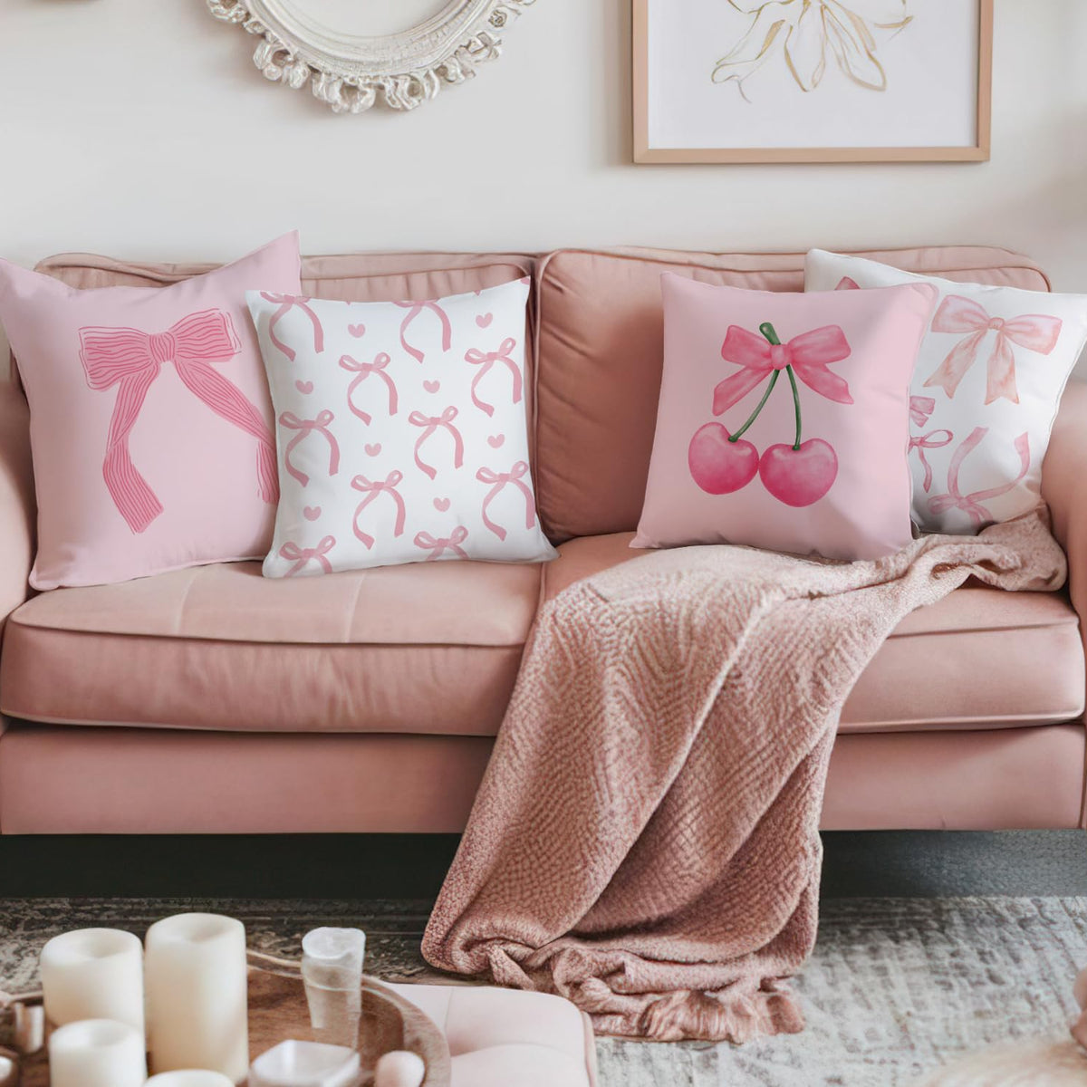 Coquette Room Decor,Pink Cute Bow Throw Pillow Covers 18x18 Set of 4,Gifts for Teen Girls Women,Pink