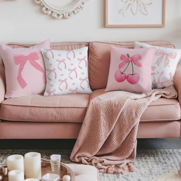 Coquette Room Decor,Pink Cute Bow Throw Pillow Covers 18x18 Set of 4,Gifts for Teen Girls Women,Pink