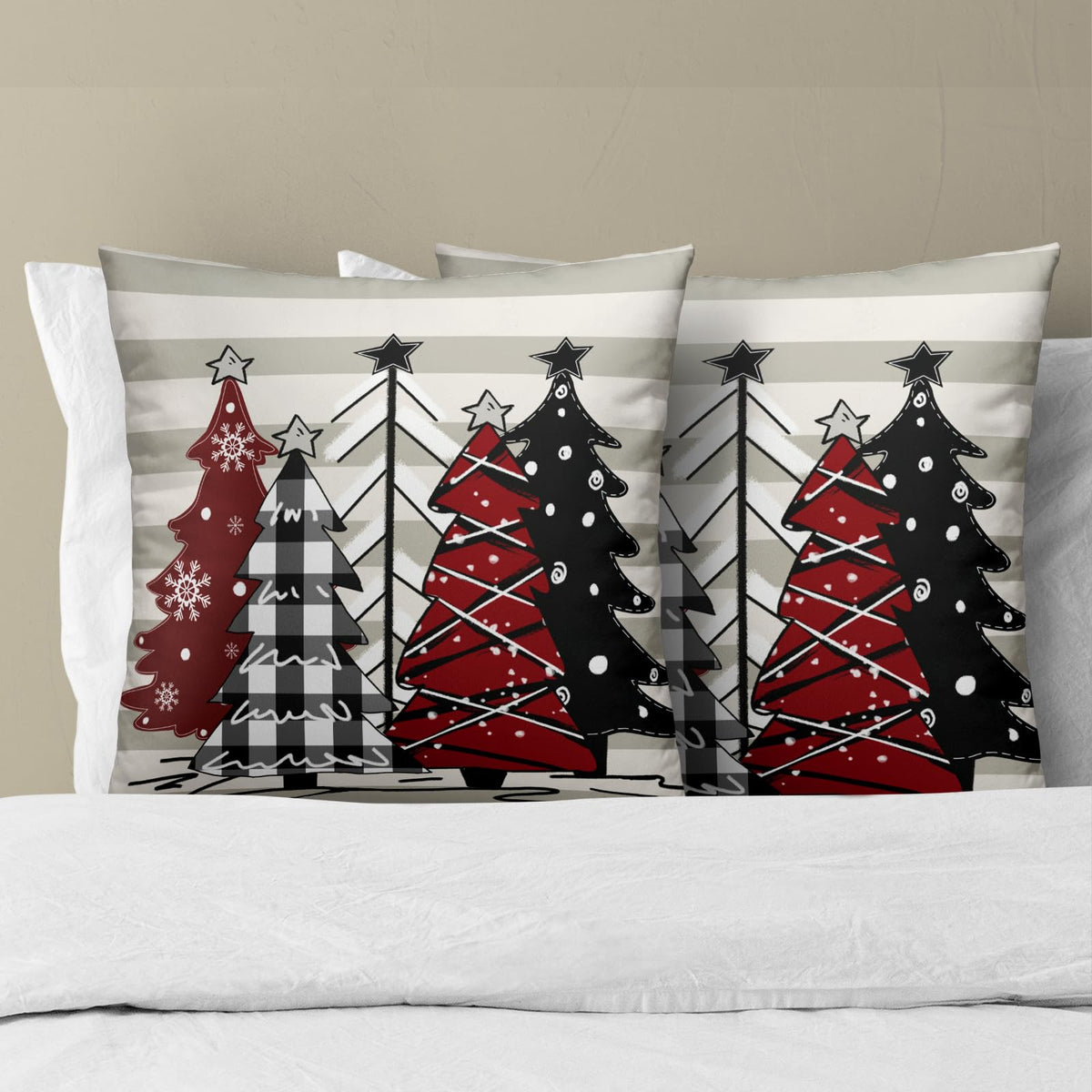 Christmas Trees Throw Pillow Covers Watercolor Red Black Buffalo Plaid Pillow Cover 18 x 18 Inch Grey White Stripe