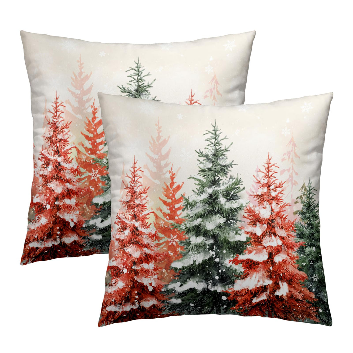 Christmas Pillow Covers 18x18 Inch Set of 2 Watercolor Red Green Xmas Pine Tree