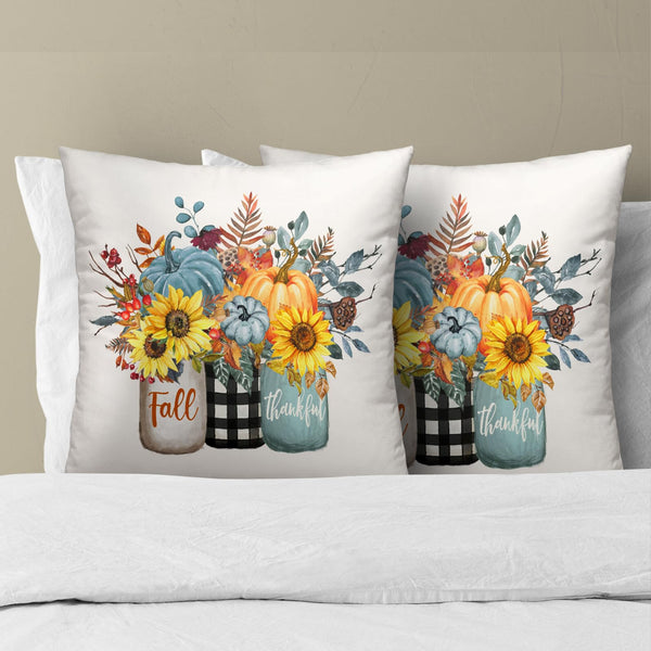 Fall Pillow Covers Autumn Blue Pumpkin Yellow Sunflowers Vase Farmhouse Decorative
