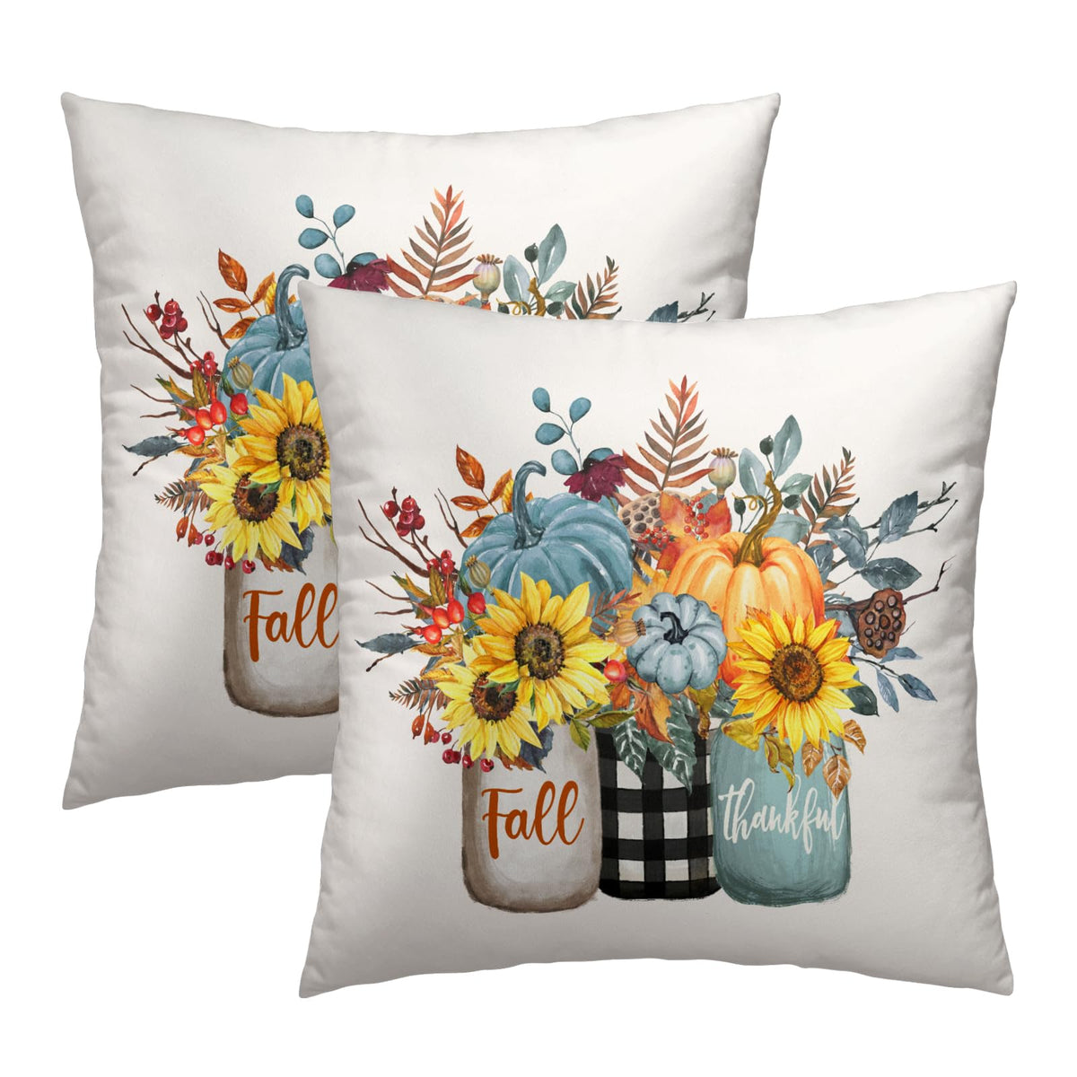 Fall Pillow Covers Autumn Blue Pumpkin Yellow Sunflowers Vase Farmhouse Decorative