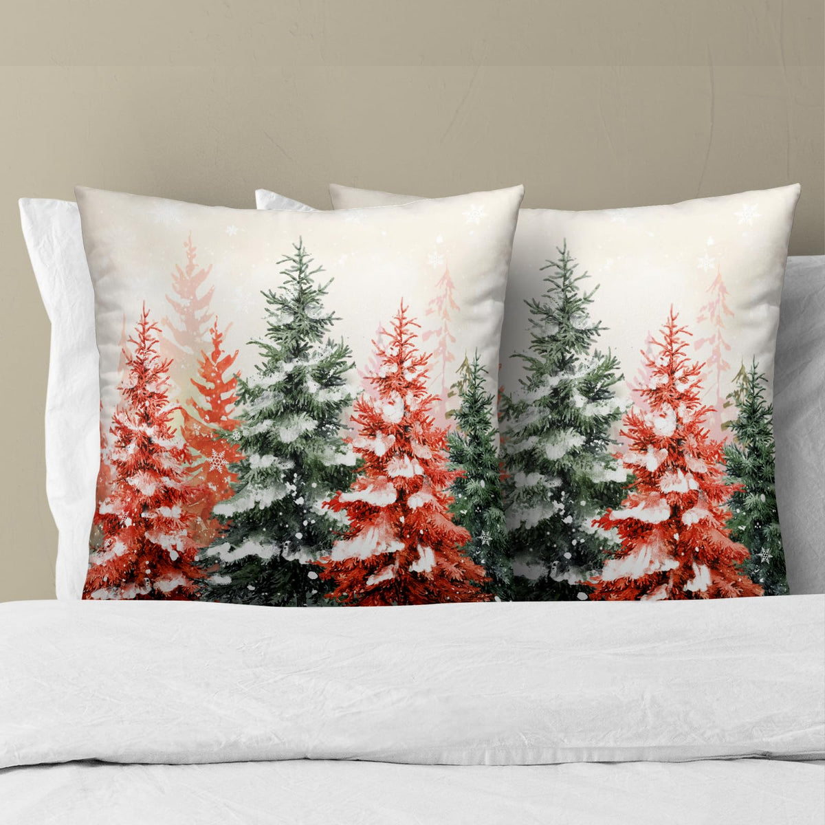 Christmas Pillow Covers 18x18 Inch Set of 2 Watercolor Red Green Xmas Pine Tree