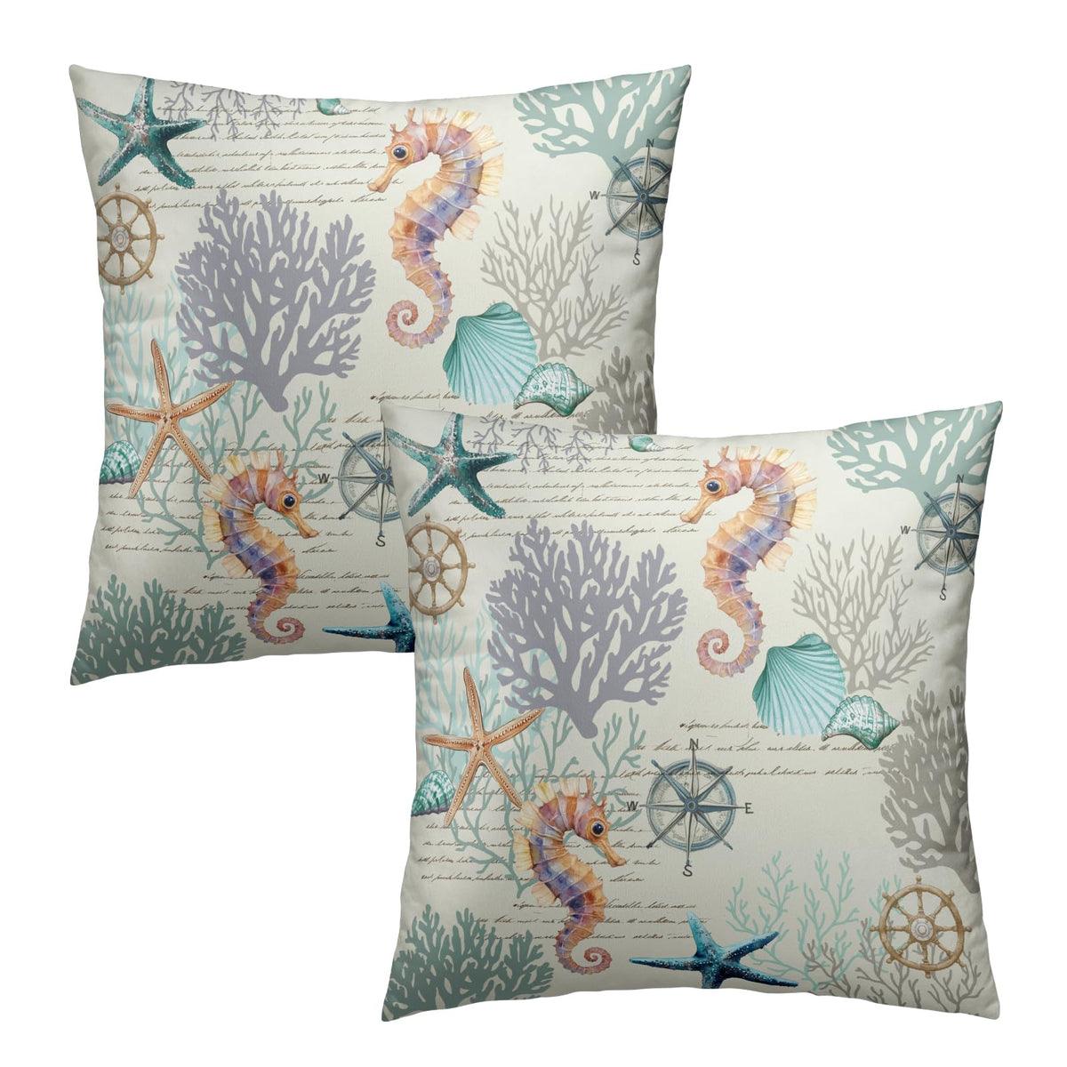 Waterproof Nautical Coastal Pillow Cover 18x18 Inch Starfish Seashell Beach Cushion Cases Set of 2