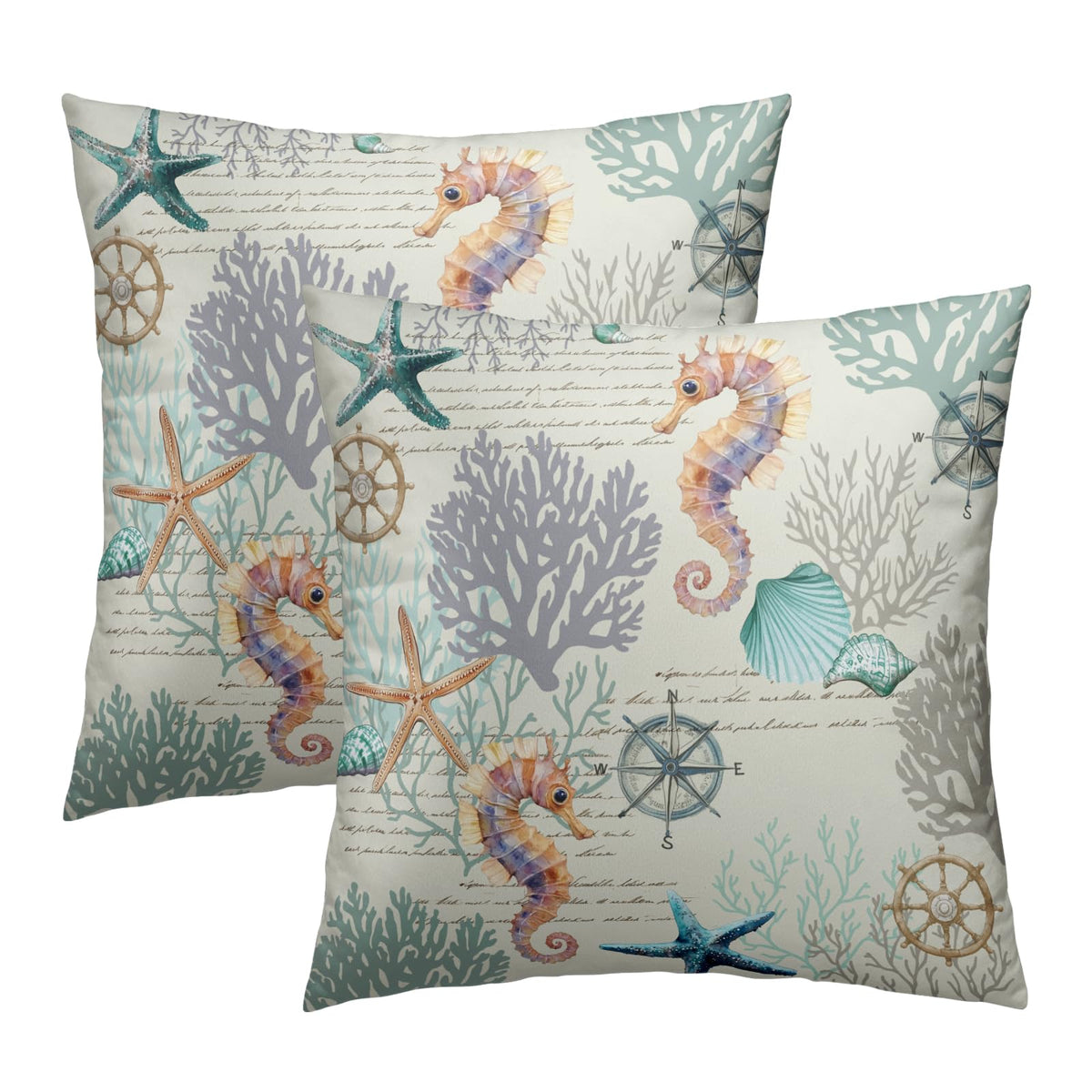 Waterproof Nautical Coastal Pillow Cover 18x18 Inch Starfish Seashell Beach Cushion Cases Set of 2