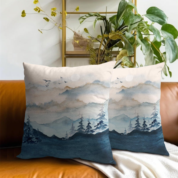Misty Mountain Forest Pillow Covers 18x18 Inch Blue Burnt Orange