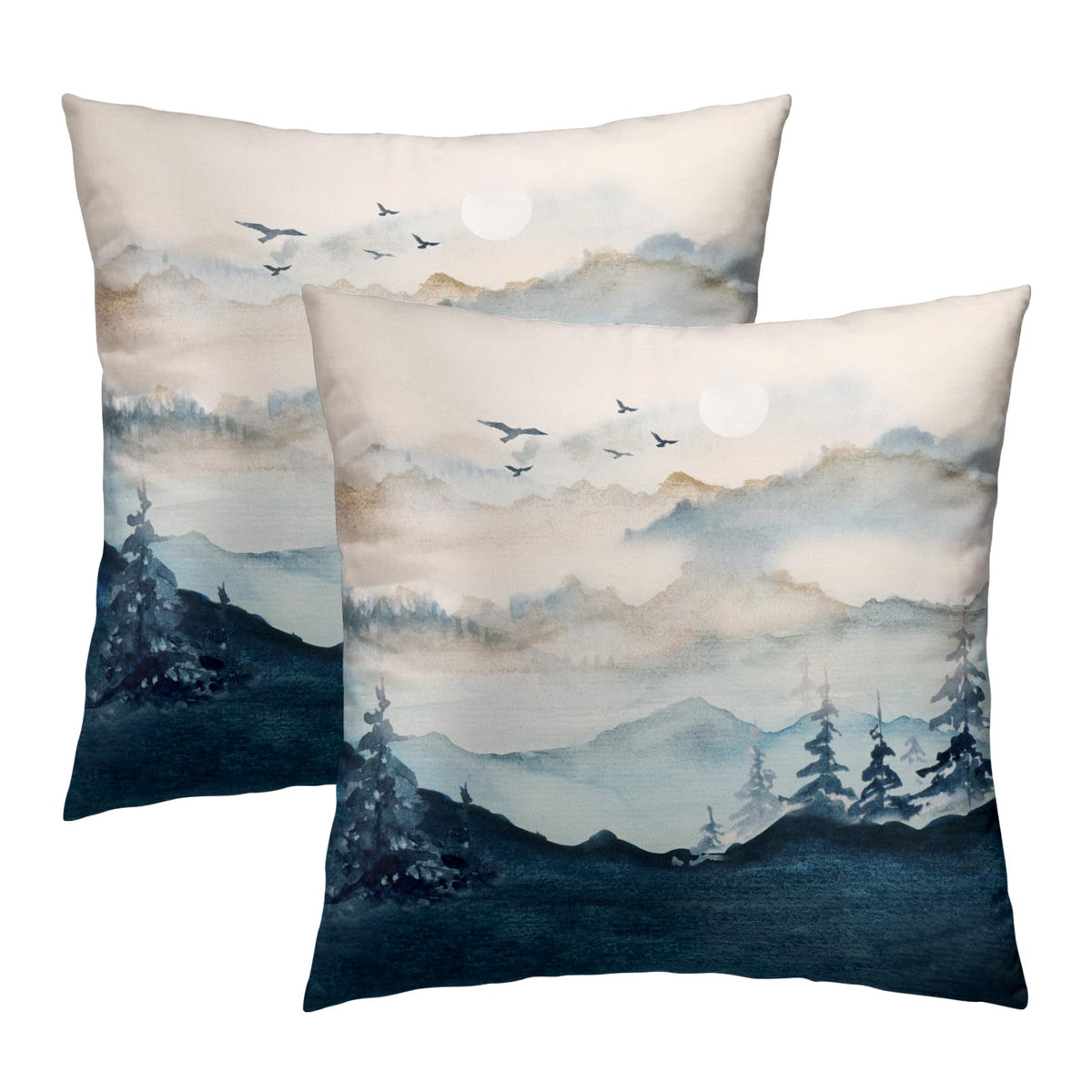 Misty Mountain Forest Pillow Covers 18x18 Inch Blue Burnt Orange