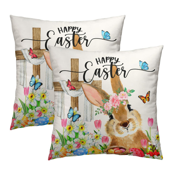 Happy Easter Throw Pillow Covers Set of 2 Easter Cute Bunny Eggs Flowers Spring
