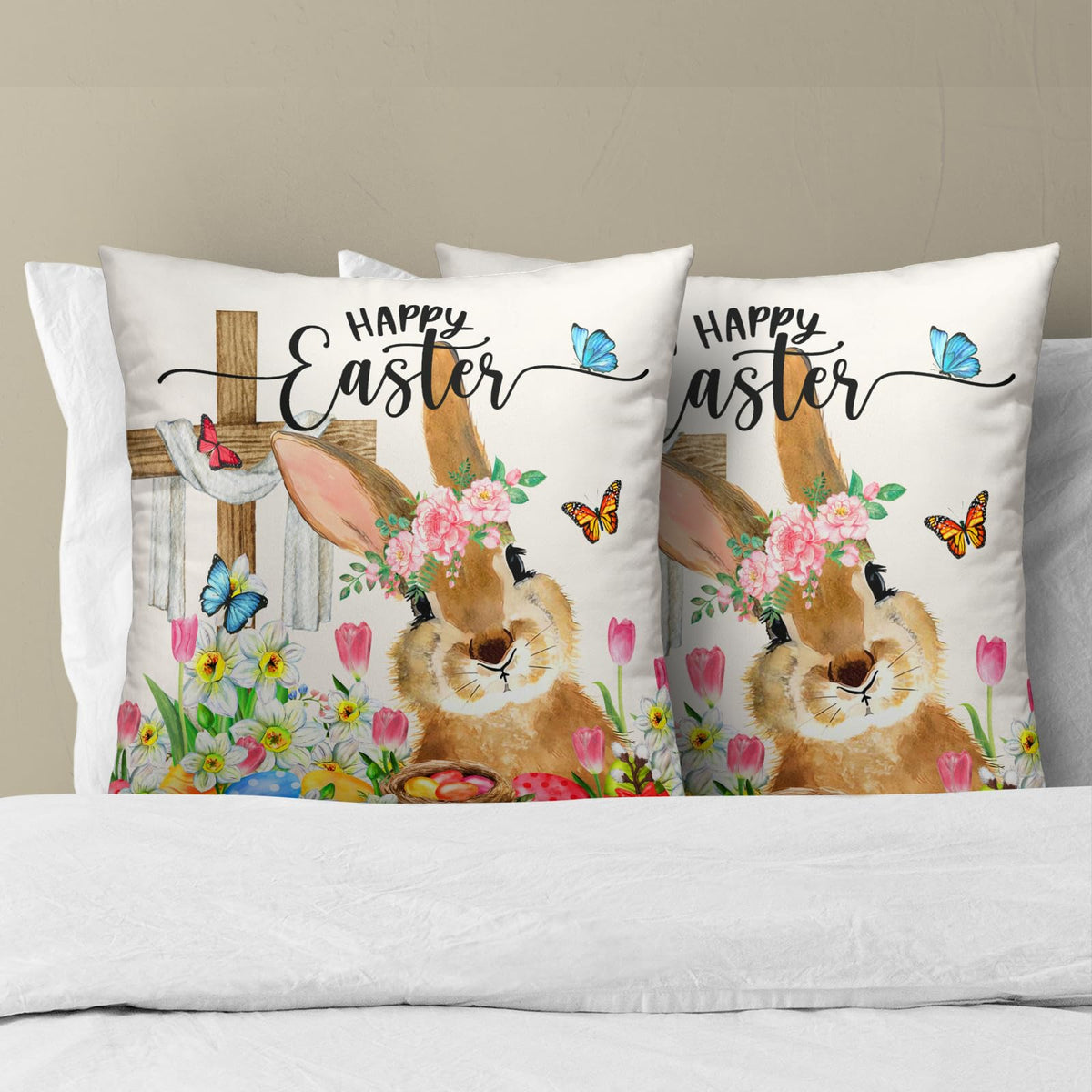 Happy Easter Throw Pillow Covers Set of 2 Easter Cute Bunny Eggs Flowers Spring