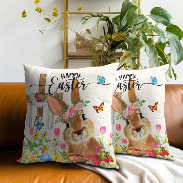 Happy Easter Throw Pillow Covers Set of 2 Easter Cute Bunny Eggs Flowers Spring