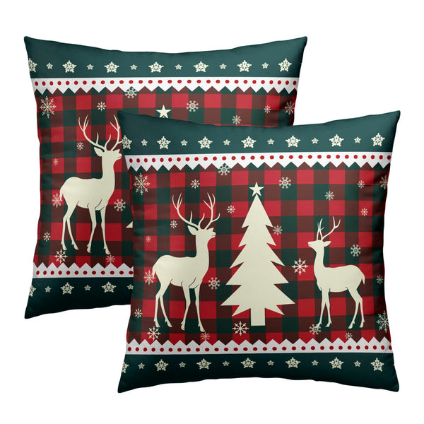 Christmas Tree Elk Deer Pillow Cover 18x18 Inches Set of 2, Snowflake Decor Red Green Holiday Buffalo Plaid