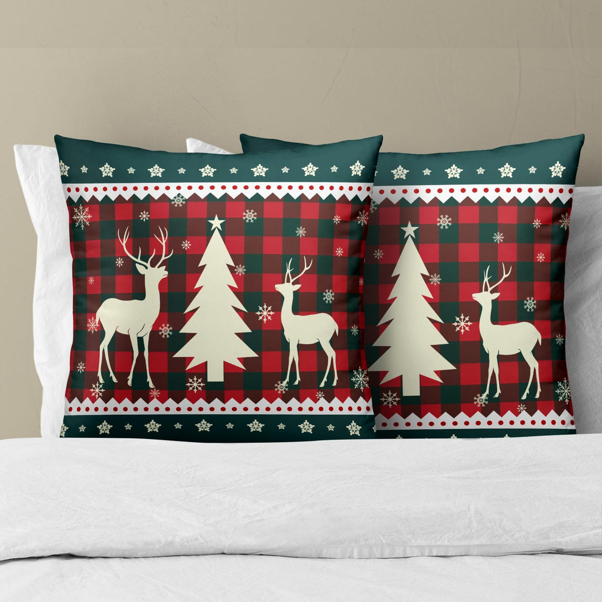 Christmas Tree Elk Deer Pillow Cover 18x18 Inches Set of 2, Snowflake Decor Red Green Holiday Buffalo Plaid