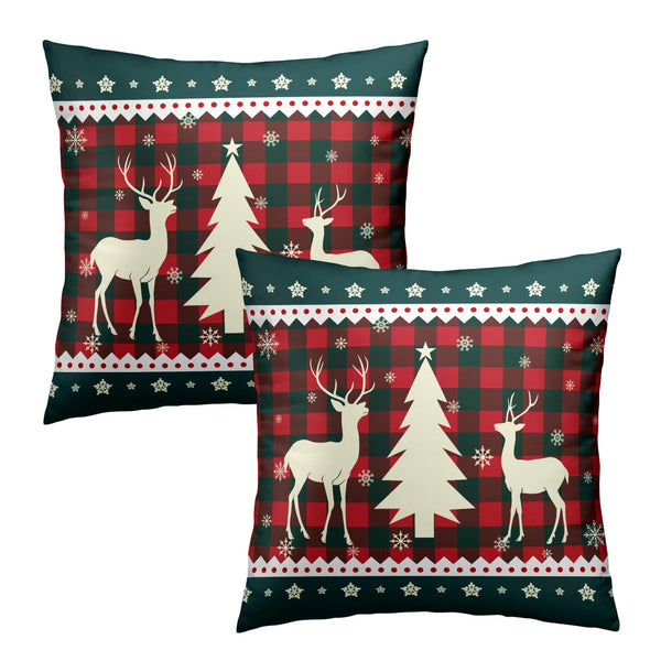 Christmas Tree Elk Deer Pillow Cover 18x18 Inches Set of 2, Snowflake Decor Red Green Holiday Buffalo Plaid