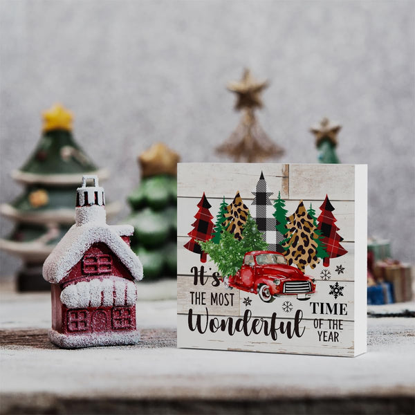 Rustic Winter Merry Christmas Tree Wood Box Sign, It's the Most Wonderful Time of the Year Truck Farmhouse