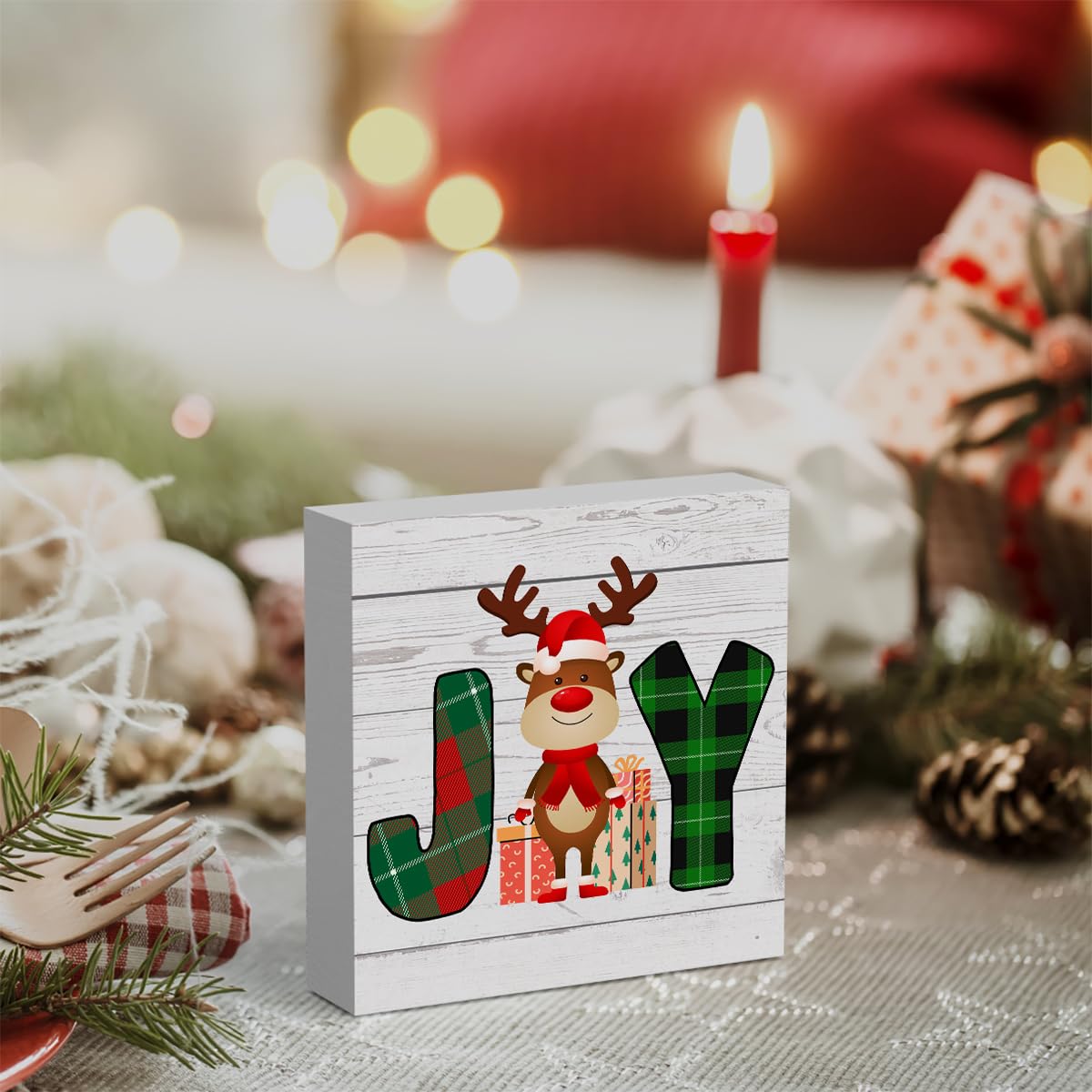 Rustic Winter Merry Christmas Joy Deer Wood Box Sign, Farmhouse Christmas Santa Artwork Decor
