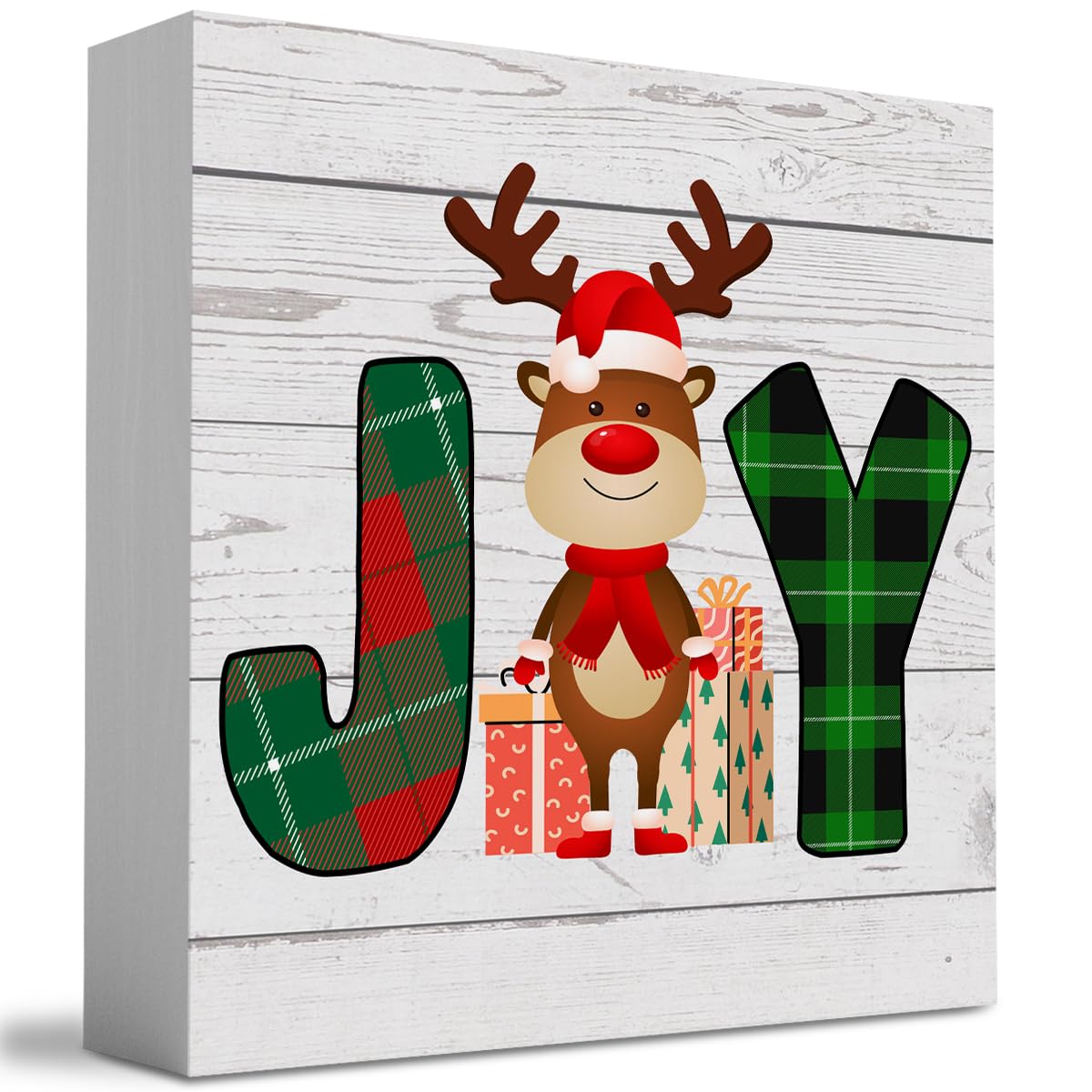 Rustic Winter Merry Christmas Joy Deer Wood Box Sign, Farmhouse Christmas Santa Artwork Decor