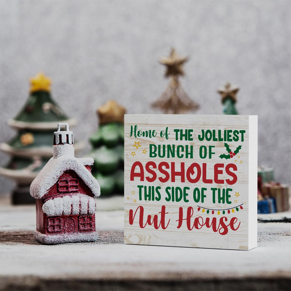 Funny Merry Christmas Home of the Jolliest Wood Box Sign, Farmhouse Christmas Santa Artwork Decor