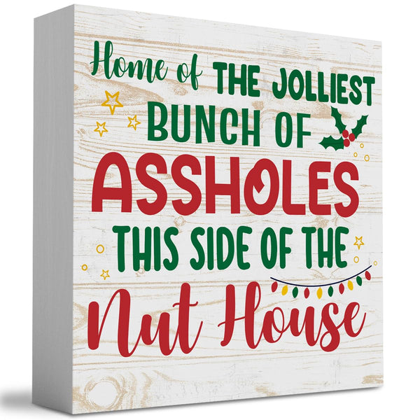 Funny Merry Christmas Home of the Jolliest Wood Box Sign, Farmhouse Christmas Santa Artwork Decor
