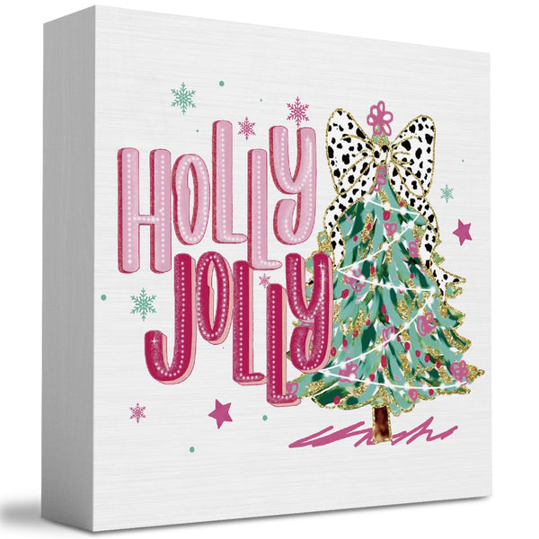 Pink Merry Christmas Wall House Decor Holly Jolly Christmas Tree Coquette Sign, Office Home Decor for Desk Table Shelf 5 X 5 inch