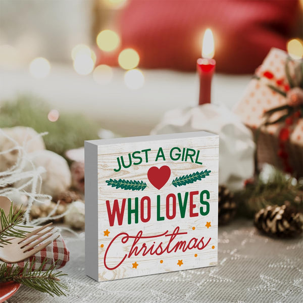 Rustic Just A Girl Who Loves Christmas Tree Wood Box Sign, Farmhouse Christmas Santa Artwork Decor