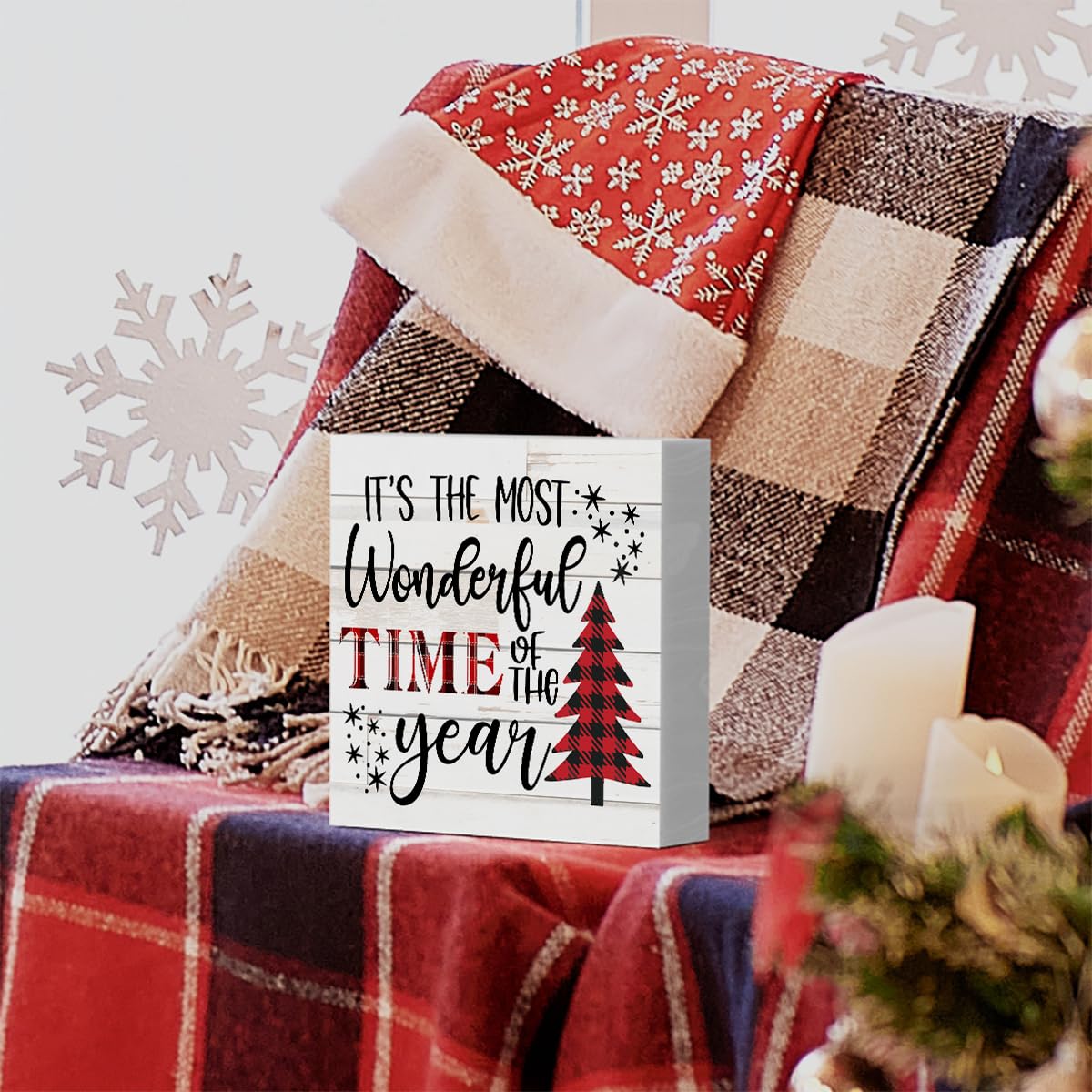 It's The Most Wonderful Time of The Year Wood Box Sign, Retro Farmhouse Christmas Santa Artwork Decor 5 x 5 Inches