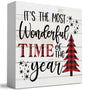 It's The Most Wonderful Time of The Year Wood Box Sign, Retro Farmhouse Christmas Santa Artwork Decor 5 x 5 Inches