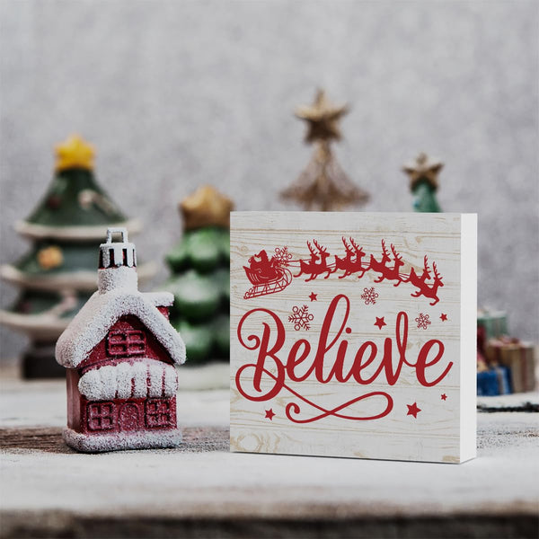 Merry Christmas with Reindeer Believe in Tree Wood Box Sign, Farmhouse Christmas Santa Artwork Decor
