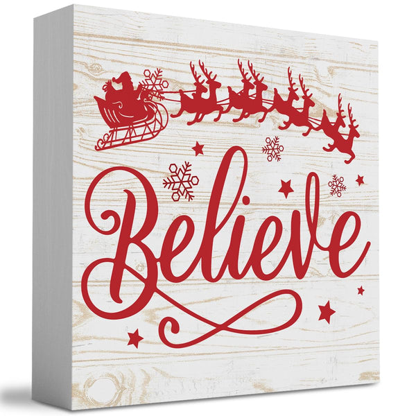 Merry Christmas with Reindeer Believe in Tree Wood Box Sign, Farmhouse Christmas Santa Artwork Decor