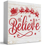 Merry Christmas with Reindeer Believe in Tree Wood Box Sign, Farmhouse Christmas Santa Artwork Decor
