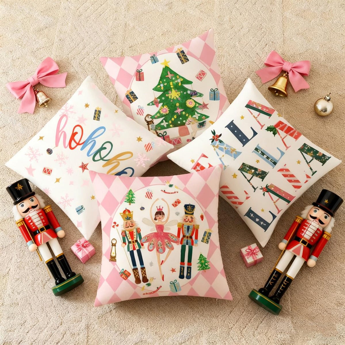 Pink Nutcracker Christmas Decor Throw Pillow Covers 18x18 Set of 4, Coquette Girly Christmas Winter Holiday Decor