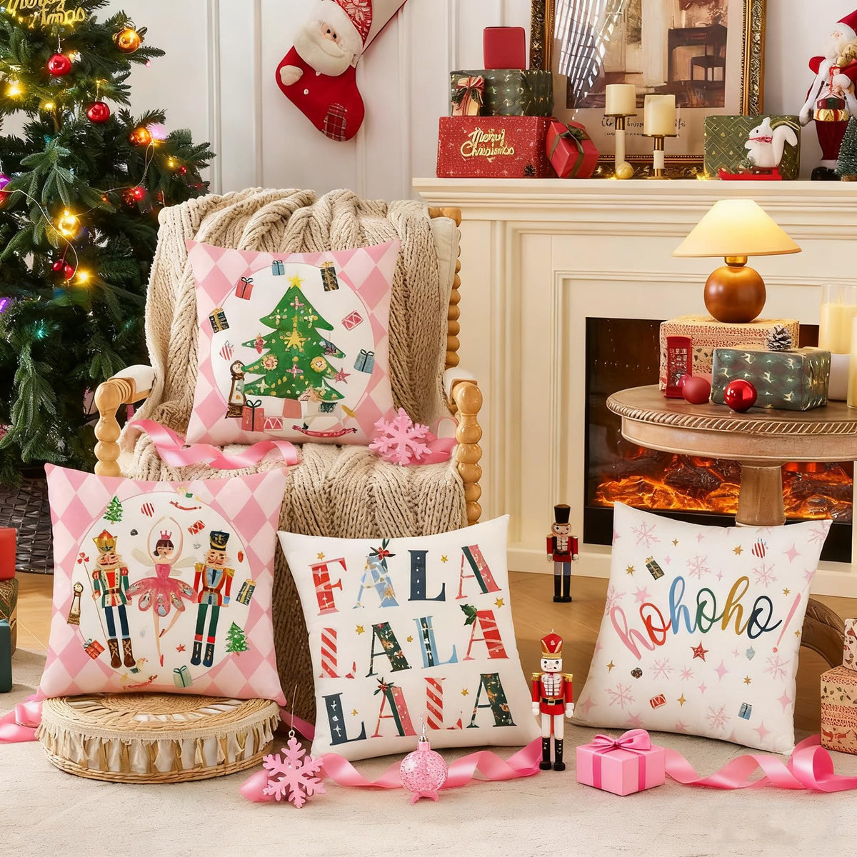 Pink Nutcracker Christmas Decor Throw Pillow Covers 18x18 Set of 4, Coquette Girly Christmas Winter Holiday Decor
