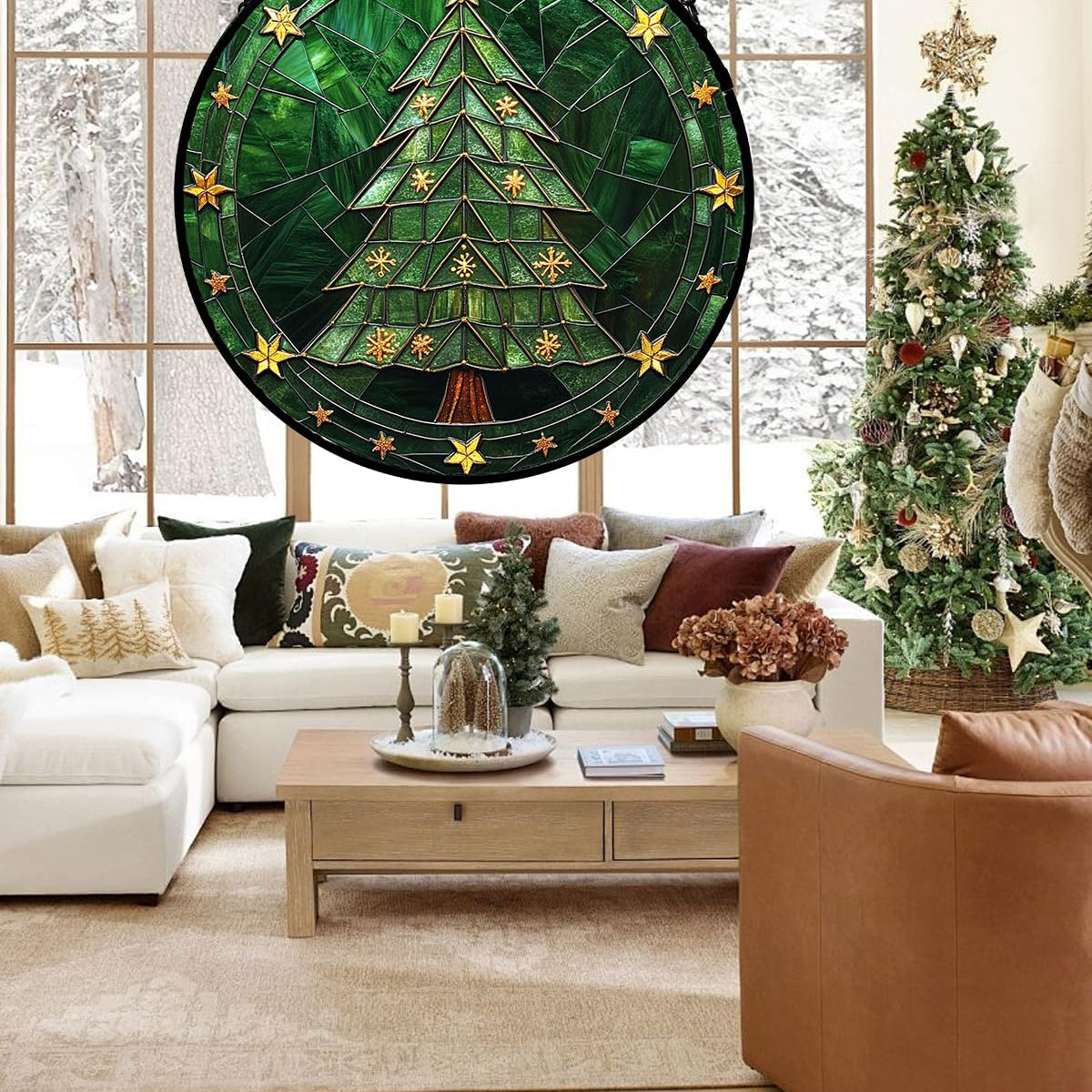 Stained Glass Window Hanging Green Christmas Tree with Golden Stars Suncatcher for Doors Home Christmas Decoration Sun Catcher