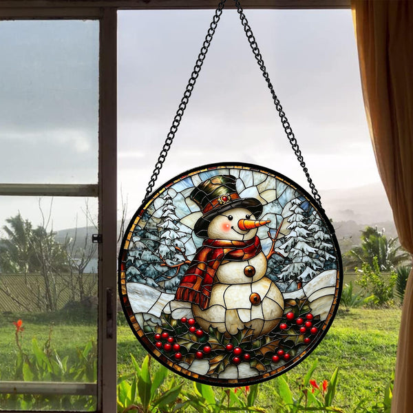 Stained Glass Window Hanging - Christmas Snowman Suncatcher for Door Terrace Garden Home Decor Winter Forest Snow Sun Catcher