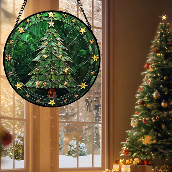 Stained Glass Window Hanging Green Christmas Tree with Golden Stars Suncatcher for Doors Home Christmas Decoration Sun Catcher