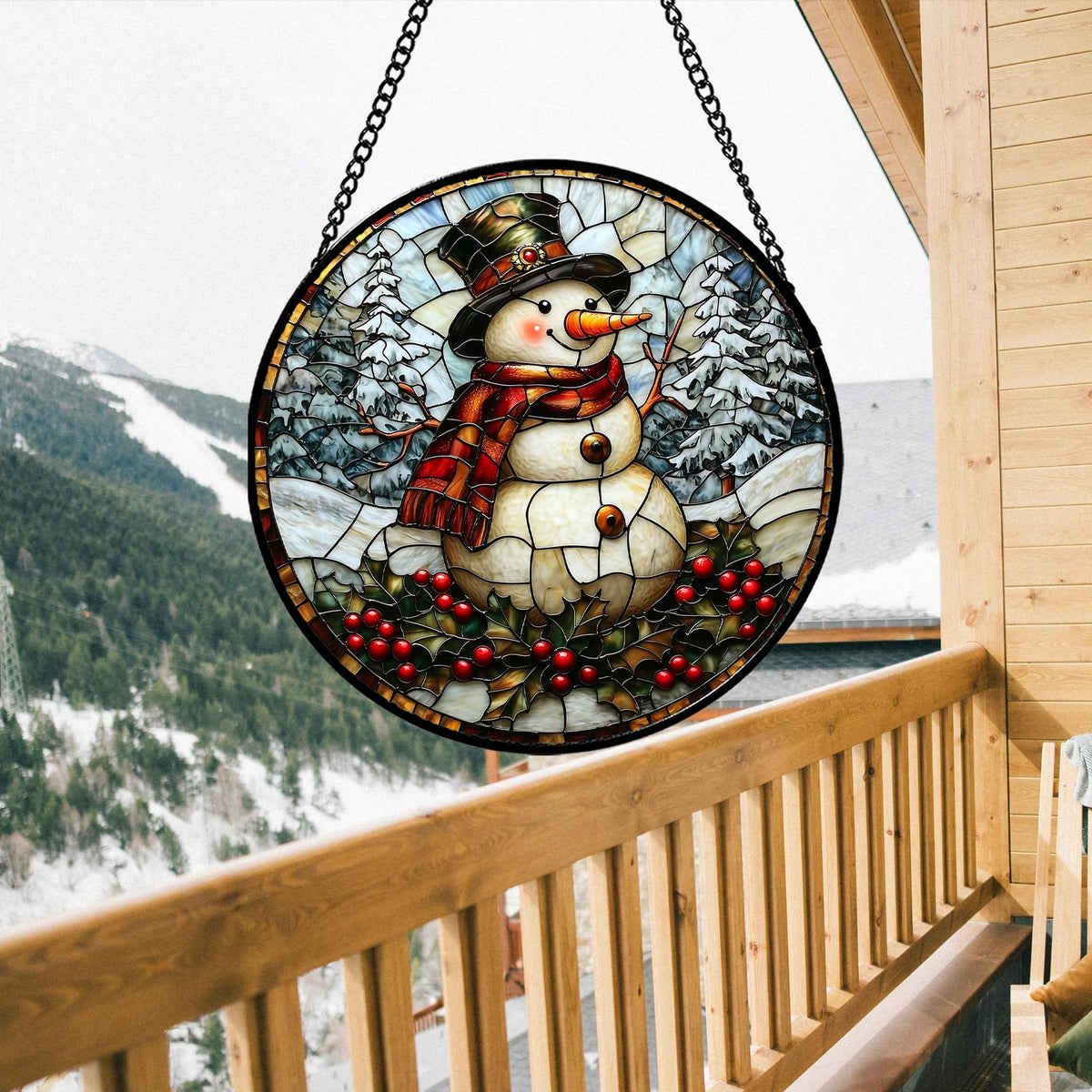 Stained Glass Window Hanging - Christmas Snowman Suncatcher for Door Terrace Garden Home Decor Winter Forest Snow Sun Catcher