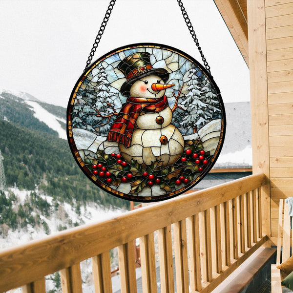 Stained Glass Window Hanging - Christmas Snowman Suncatcher for Door Terrace Garden Home Decor Winter Forest Snow Sun Catcher