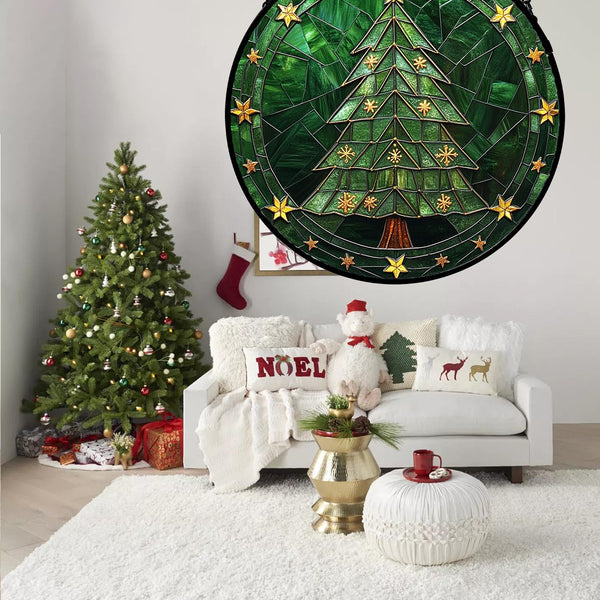 Stained Glass Window Hanging Green Christmas Tree with Golden Stars Suncatcher for Doors Home Christmas Decoration Sun Catcher