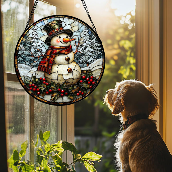 Stained Glass Window Hanging - Christmas Snowman Suncatcher for Door Terrace Garden Home Decor Winter Forest Snow Sun Catcher