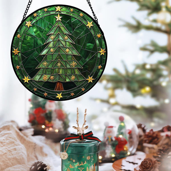 Stained Glass Window Hanging Green Christmas Tree with Golden Stars Suncatcher for Doors Home Christmas Decoration Sun Catcher